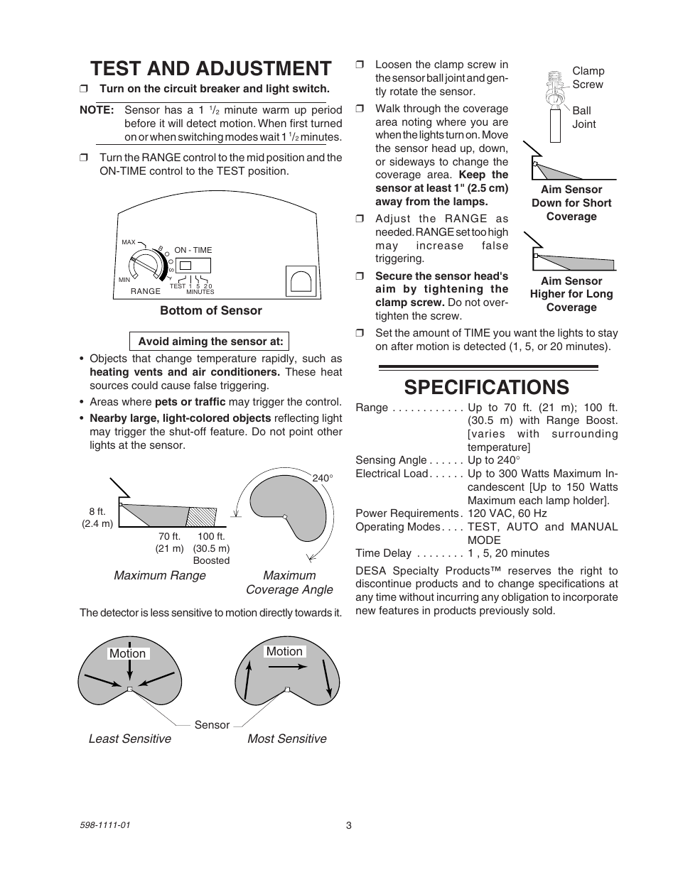 Test and adjustment, Specifications | Heath Zenith HEATH CB-2011 User Manual | Page 3 / 4