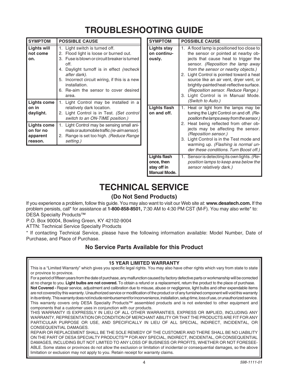 Troubleshooting guide, Technical service, No service parts available for this product | Do not send products) | Heath Zenith HEATH CB-2011 User Manual | Page 4 / 4