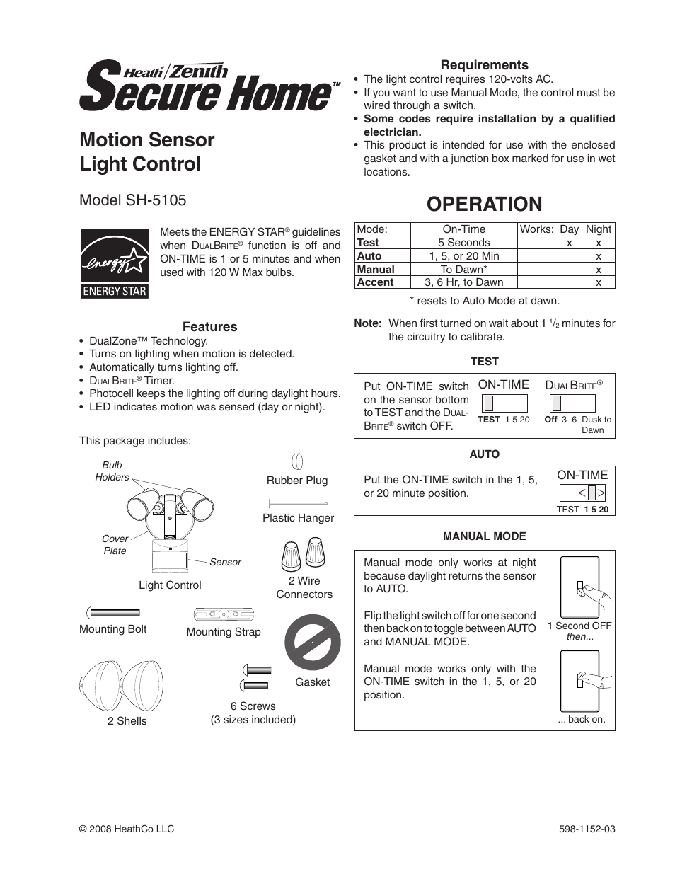 Heath Zenith Motion Sensor Light Control SH-5105 User Manual | 20 pages