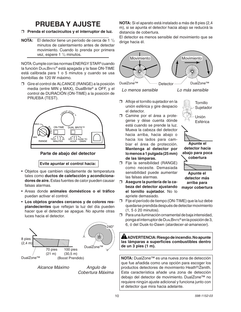 Prueba y ajuste, Parte de abajo del detector, Lo menos sensible lo más sensible | Alcance máximo angulo de cobertura máxima | Heath Zenith Motion Sensor Light Control SH-5105 User Manual | Page 10 / 20