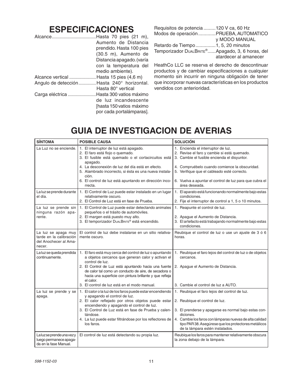Especificaciones, Guia de investigacion de averias | Heath Zenith Motion Sensor Light Control SH-5105 User Manual | Page 11 / 20