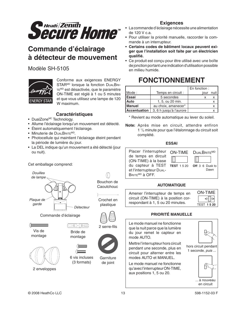 Commande d’éclairage à détecteur de mouvement, Fonctionnement, Modèle sh-5105 | Exigences, Caractéristiques | Heath Zenith Motion Sensor Light Control SH-5105 User Manual | Page 13 / 20