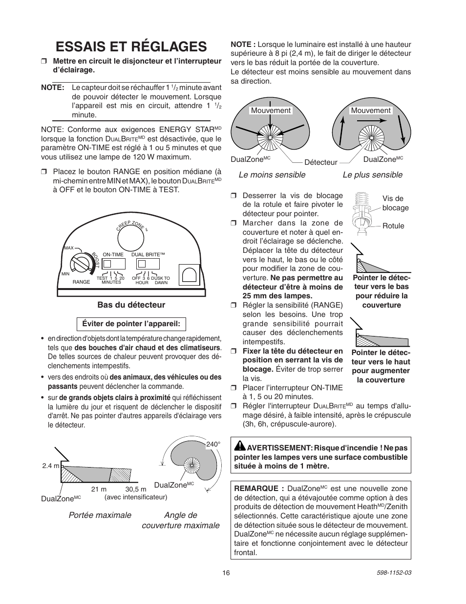 Essais et réglages, Bas du détecteur | Heath Zenith Motion Sensor Light Control SH-5105 User Manual | Page 16 / 20