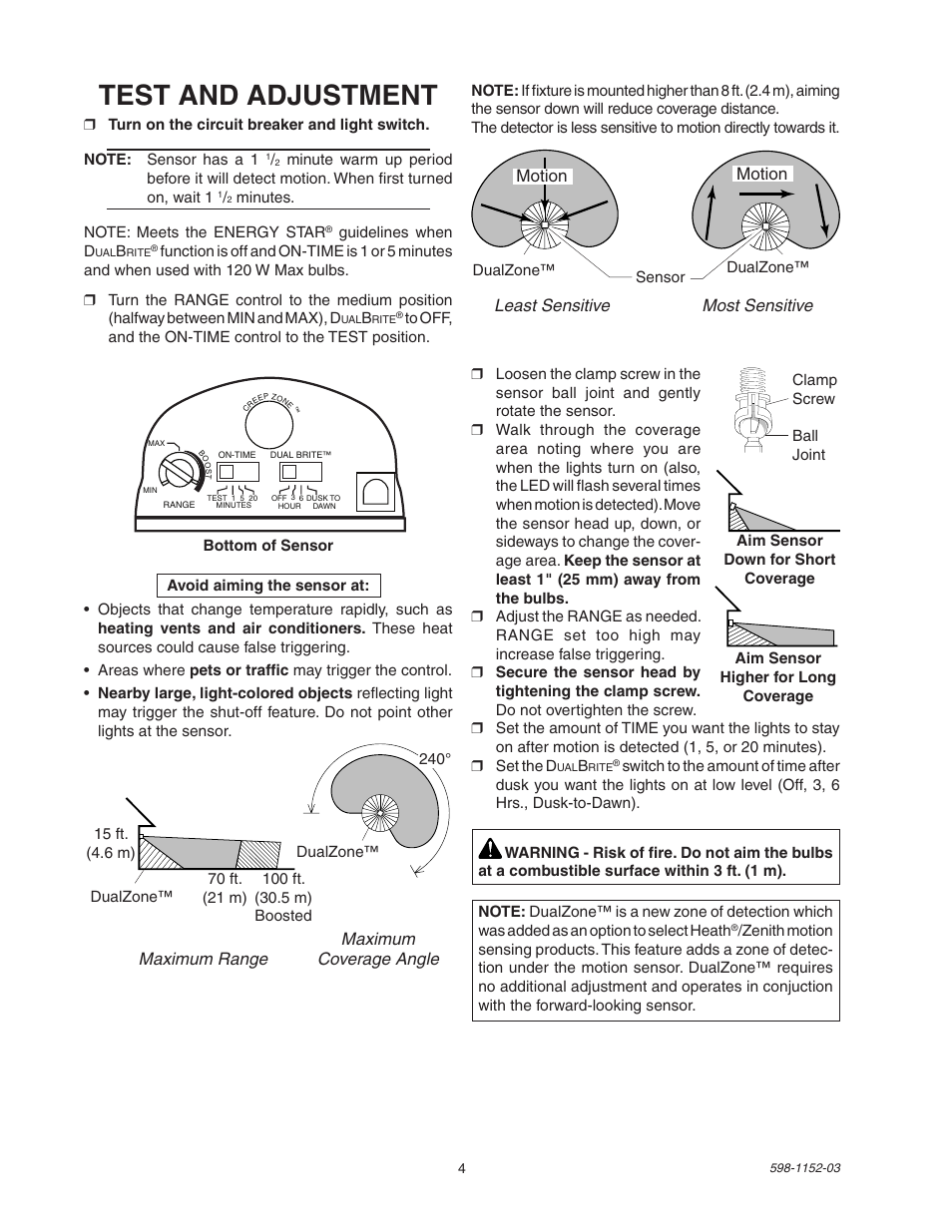 Test and adjustment, Maximum maximum range coverage angle motion motion, Least sensitive most sensitive | Heath Zenith Motion Sensor Light Control SH-5105 User Manual | Page 4 / 20