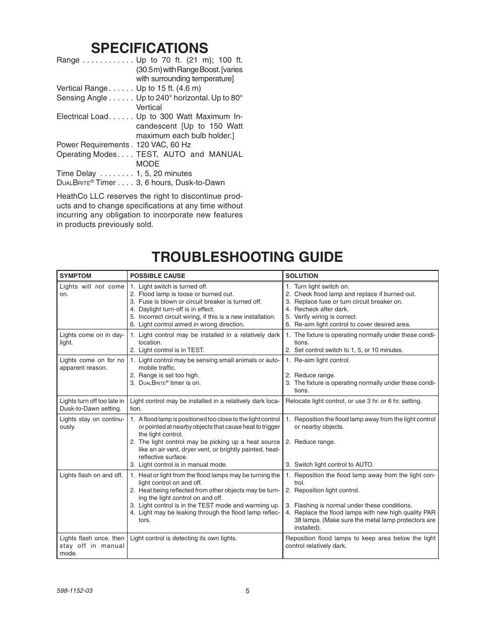 Specifications, Troubleshooting guide | Heath Zenith Motion Sensor Light Control SH-5105 User Manual | Page 5 / 20