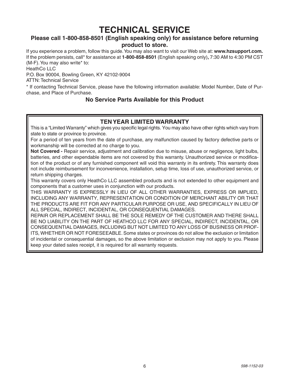 Technical service | Heath Zenith Motion Sensor Light Control SH-5105 User Manual | Page 6 / 20