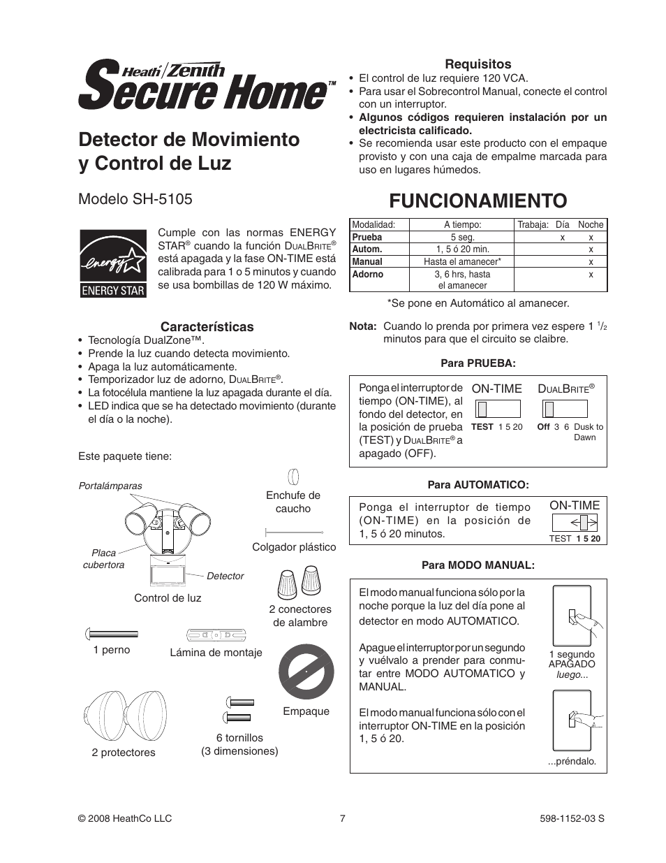 Funcionamiento, Detector de movimiento y control de luz, Modelo sh-5105 | Características, Requisitos | Heath Zenith Motion Sensor Light Control SH-5105 User Manual | Page 7 / 20