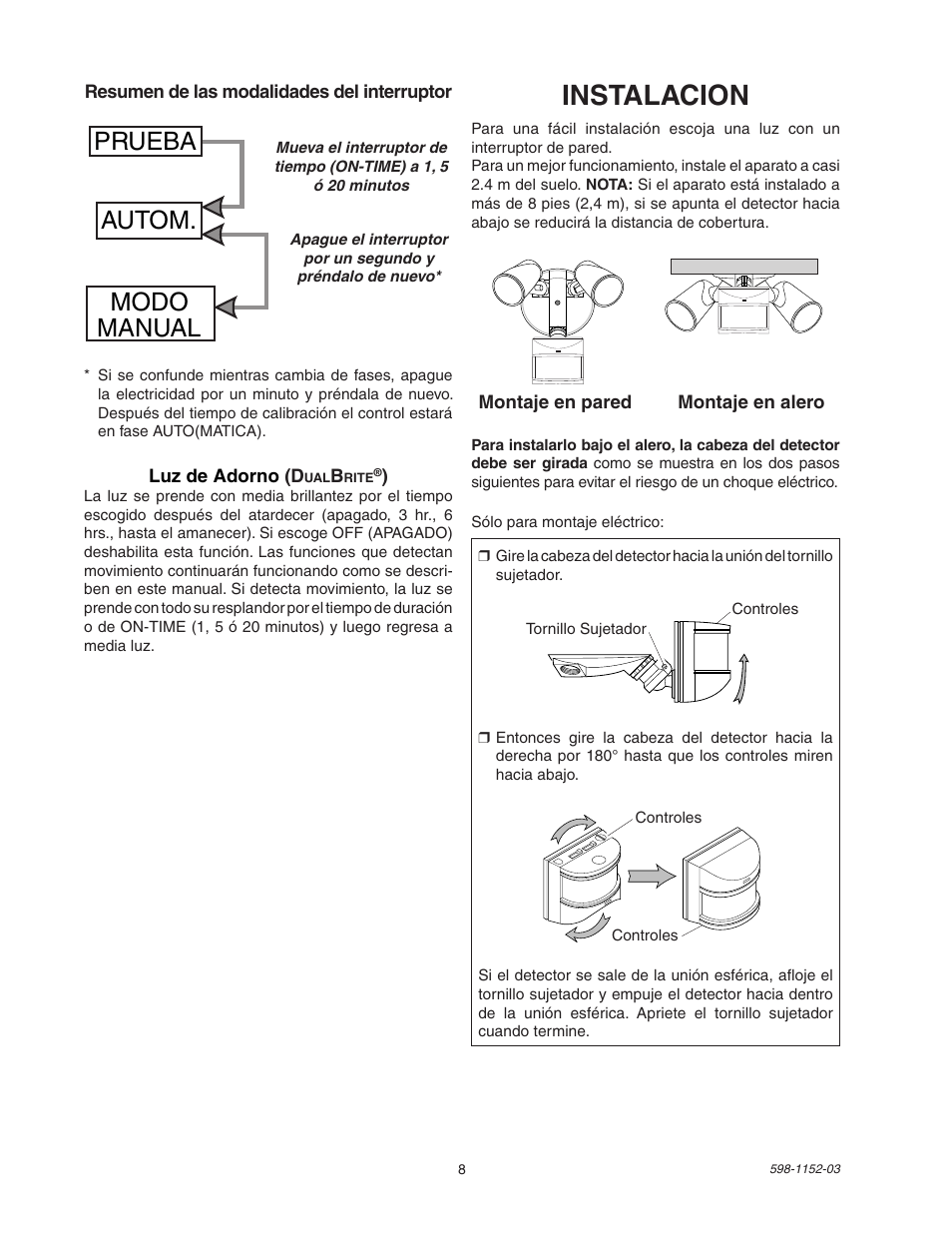 Instalacion, Prueba autom. modo manual | Heath Zenith Motion Sensor Light Control SH-5105 User Manual | Page 8 / 20