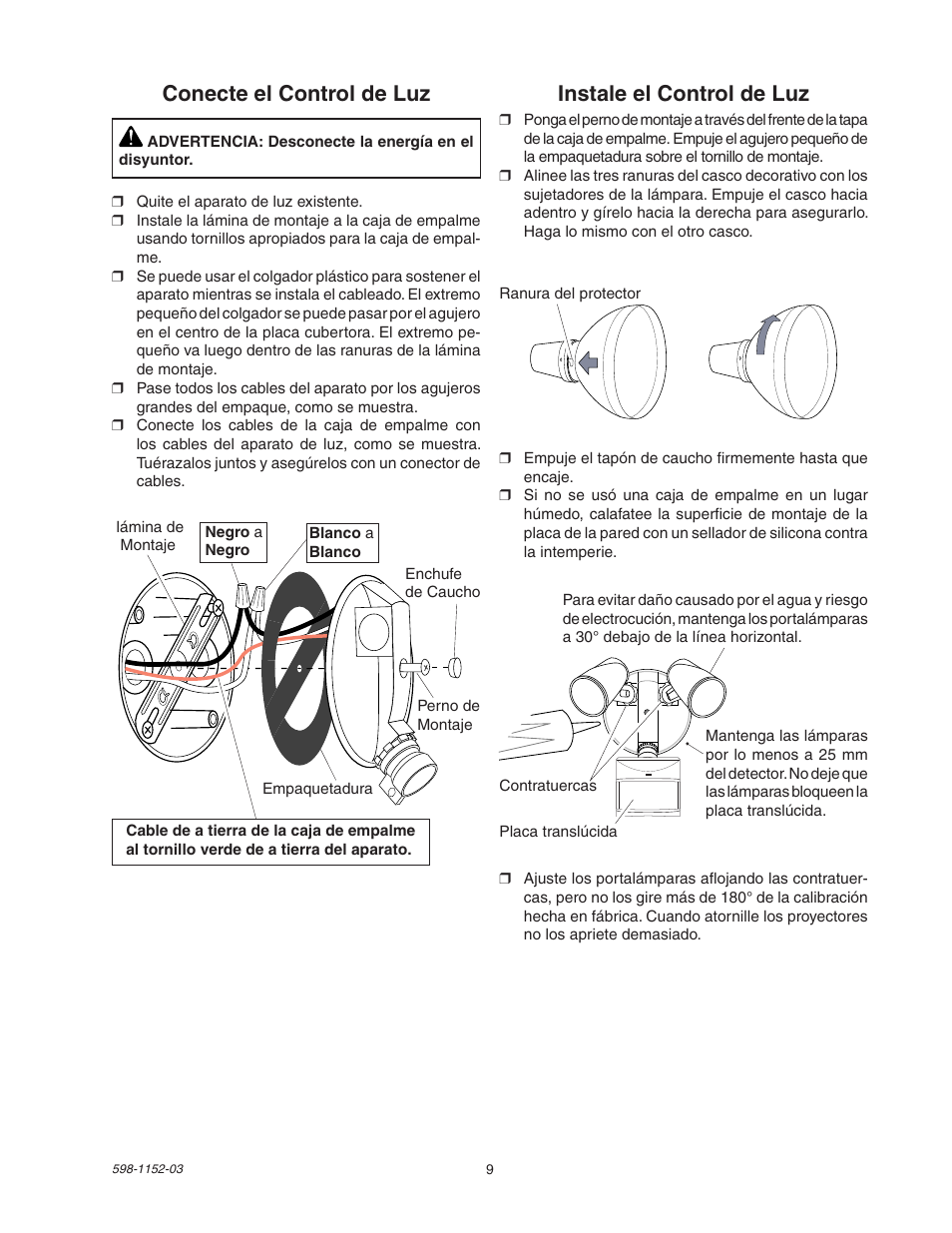 Conecte el control de luz, Instale el control de luz | Heath Zenith Motion Sensor Light Control SH-5105 User Manual | Page 9 / 20