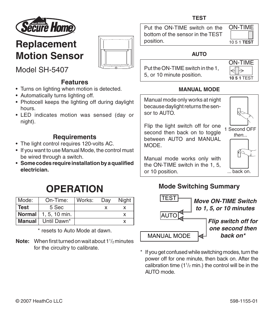 Heath Zenith Replacement Motion Sensor SH-5407 User Manual | 8 pages