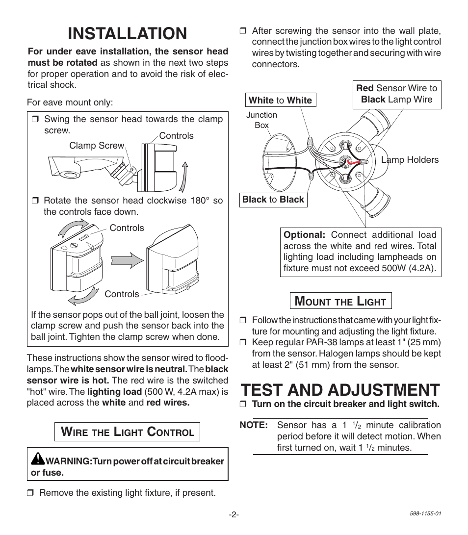 Installation, Test and adjustment | Heath Zenith Replacement Motion Sensor SH-5407 User Manual | Page 2 / 8