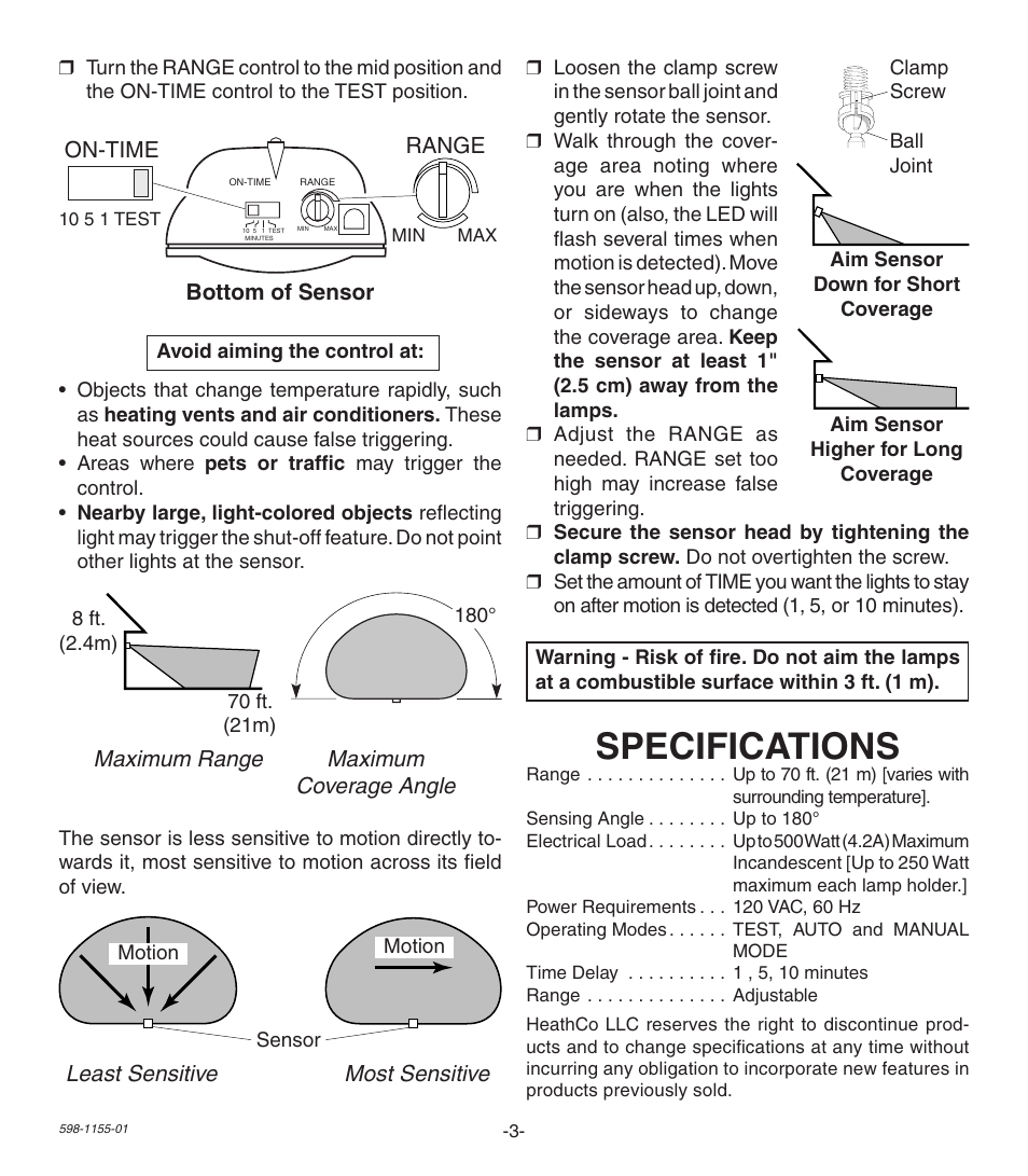 Specifications | Heath Zenith Replacement Motion Sensor SH-5407 User Manual | Page 3 / 8