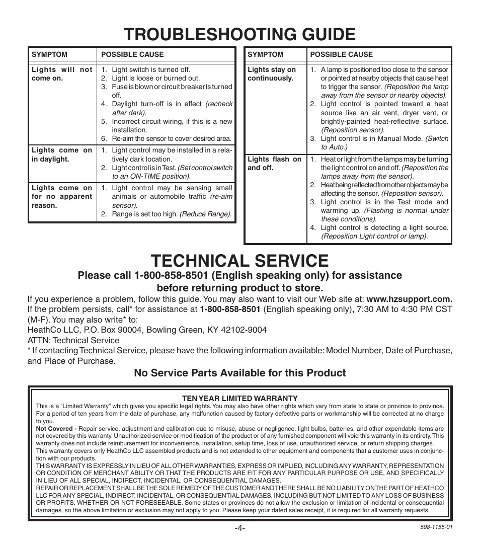Troubleshooting guide, Technical service, No service parts available for this product | Heath Zenith Replacement Motion Sensor SH-5407 User Manual | Page 4 / 8