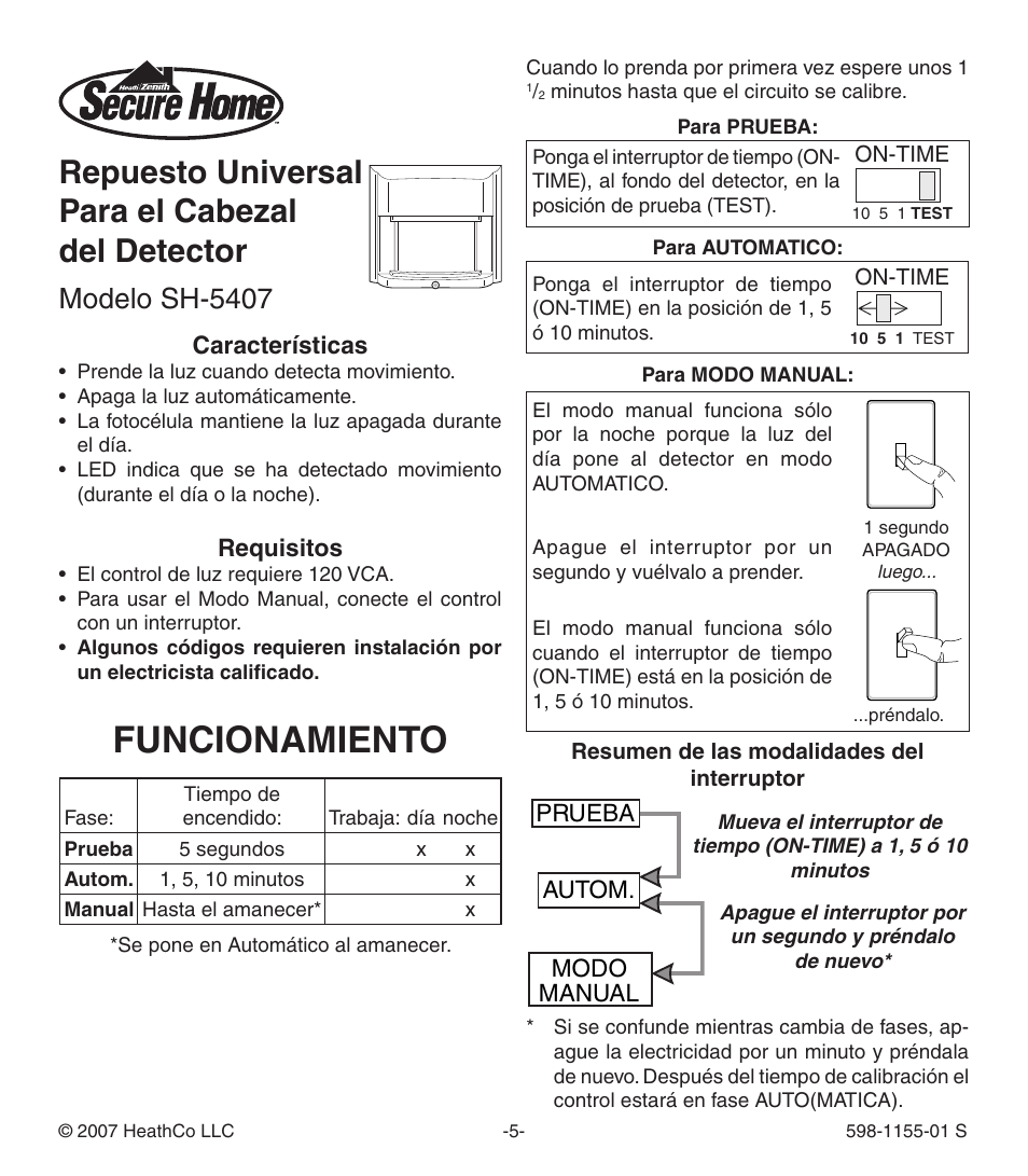 Funcionamiento, Repuesto universal para el cabezal del detector, Modelo sh-5407 | Requisitos, Características, Prueba autom. modo manual | Heath Zenith Replacement Motion Sensor SH-5407 User Manual | Page 5 / 8