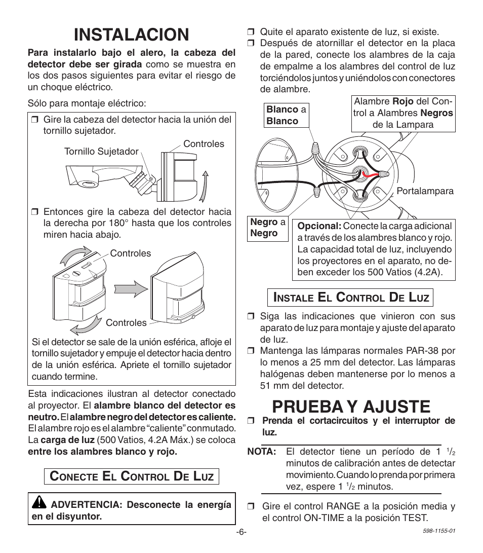 Instalacion, Prueba y ajuste | Heath Zenith Replacement Motion Sensor SH-5407 User Manual | Page 6 / 8