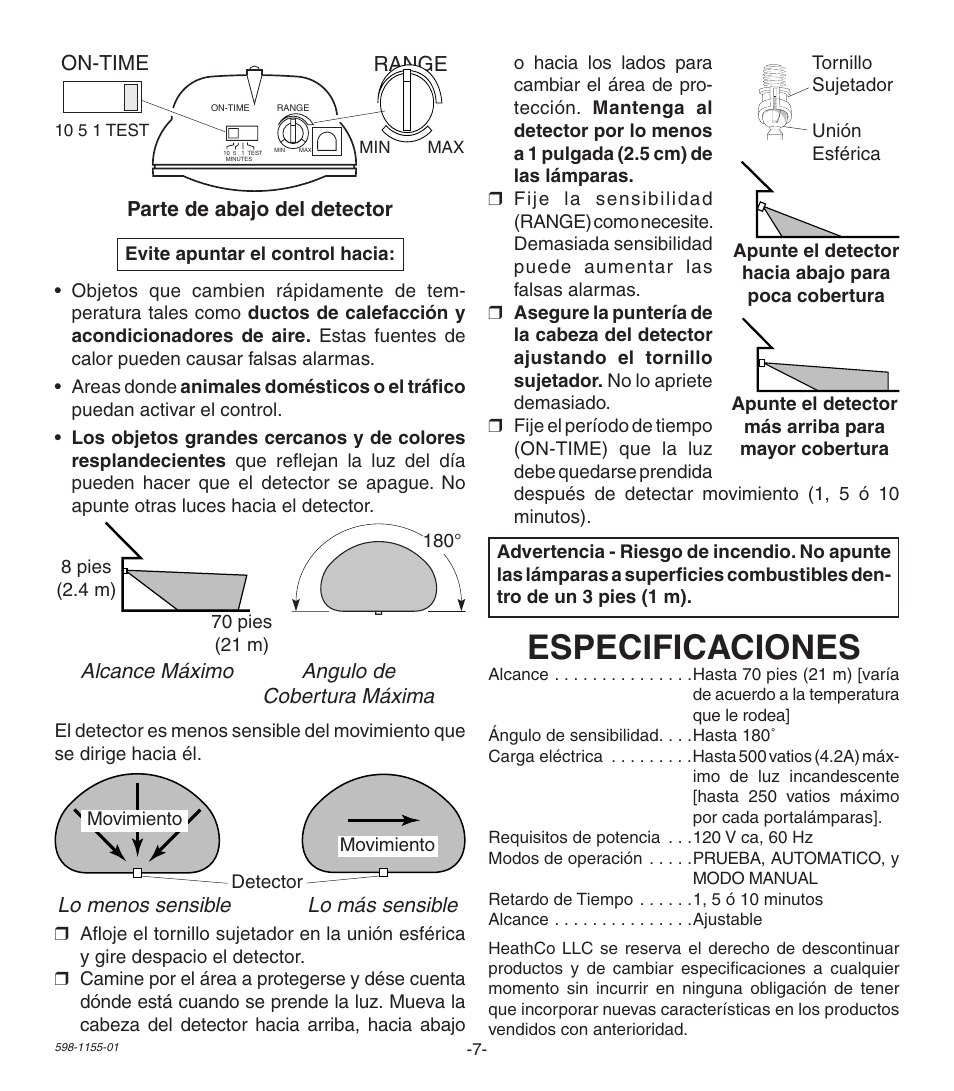 Especificaciones | Heath Zenith Replacement Motion Sensor SH-5407 User Manual | Page 7 / 8