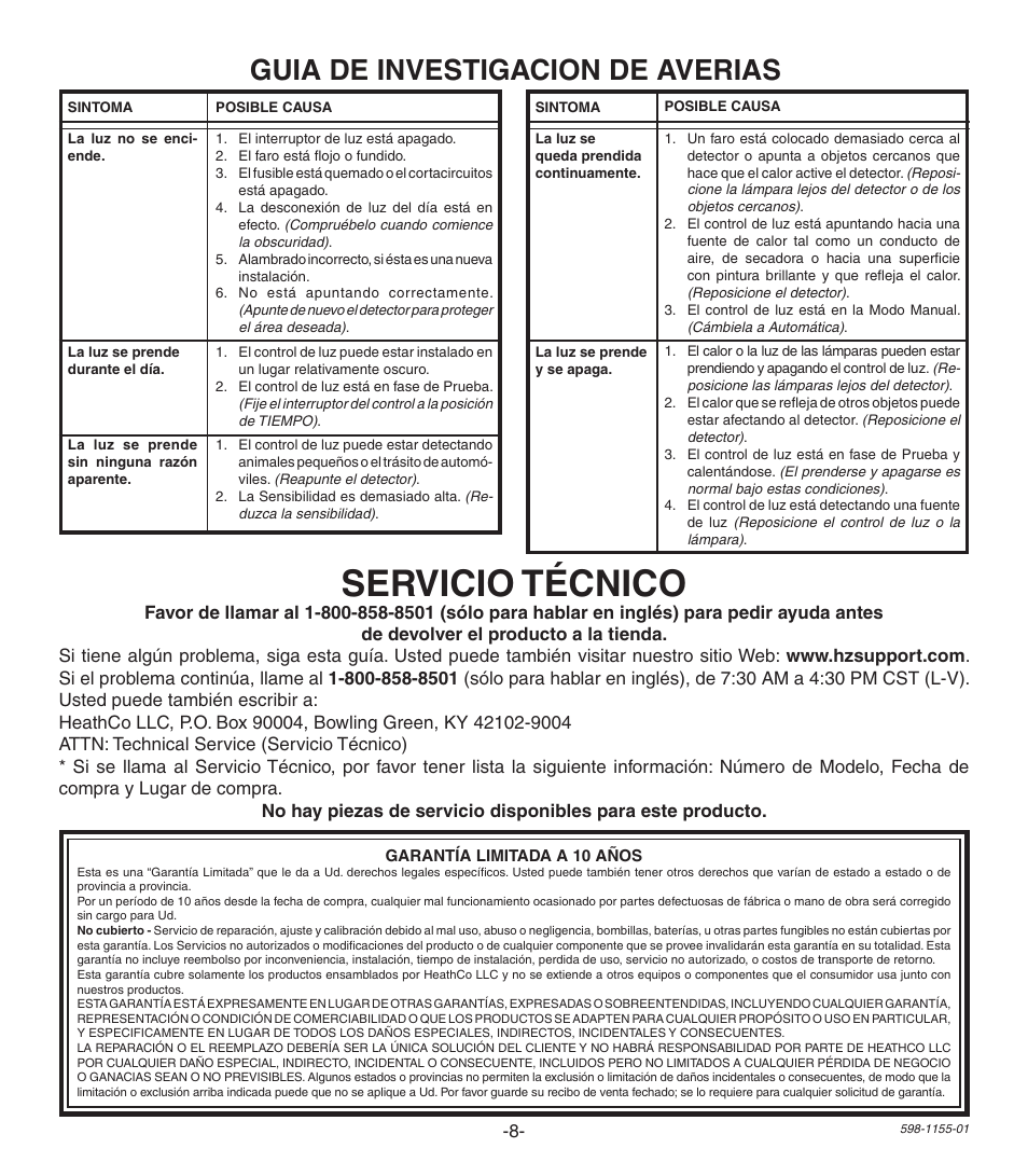 Servicio técnico, Guia de investigacion de averias | Heath Zenith Replacement Motion Sensor SH-5407 User Manual | Page 8 / 8