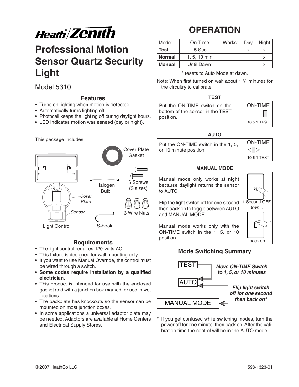 Heath Zenith Professional Motion Sensor Quartz Security Light 5310 User Manual | 12 pages