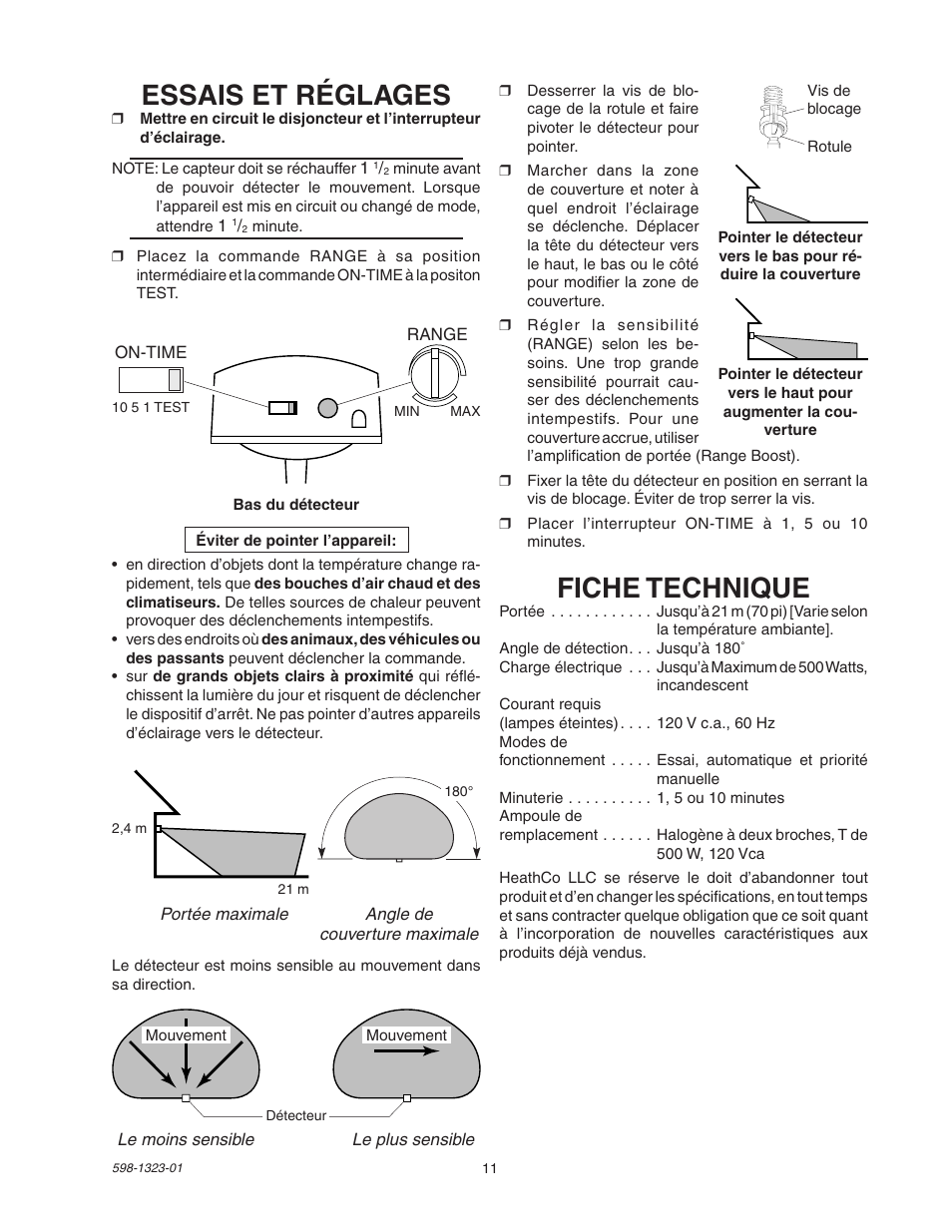 Fiche technique, Essais et réglages | Heath Zenith Professional Motion Sensor Quartz Security Light 5310 User Manual | Page 11 / 12
