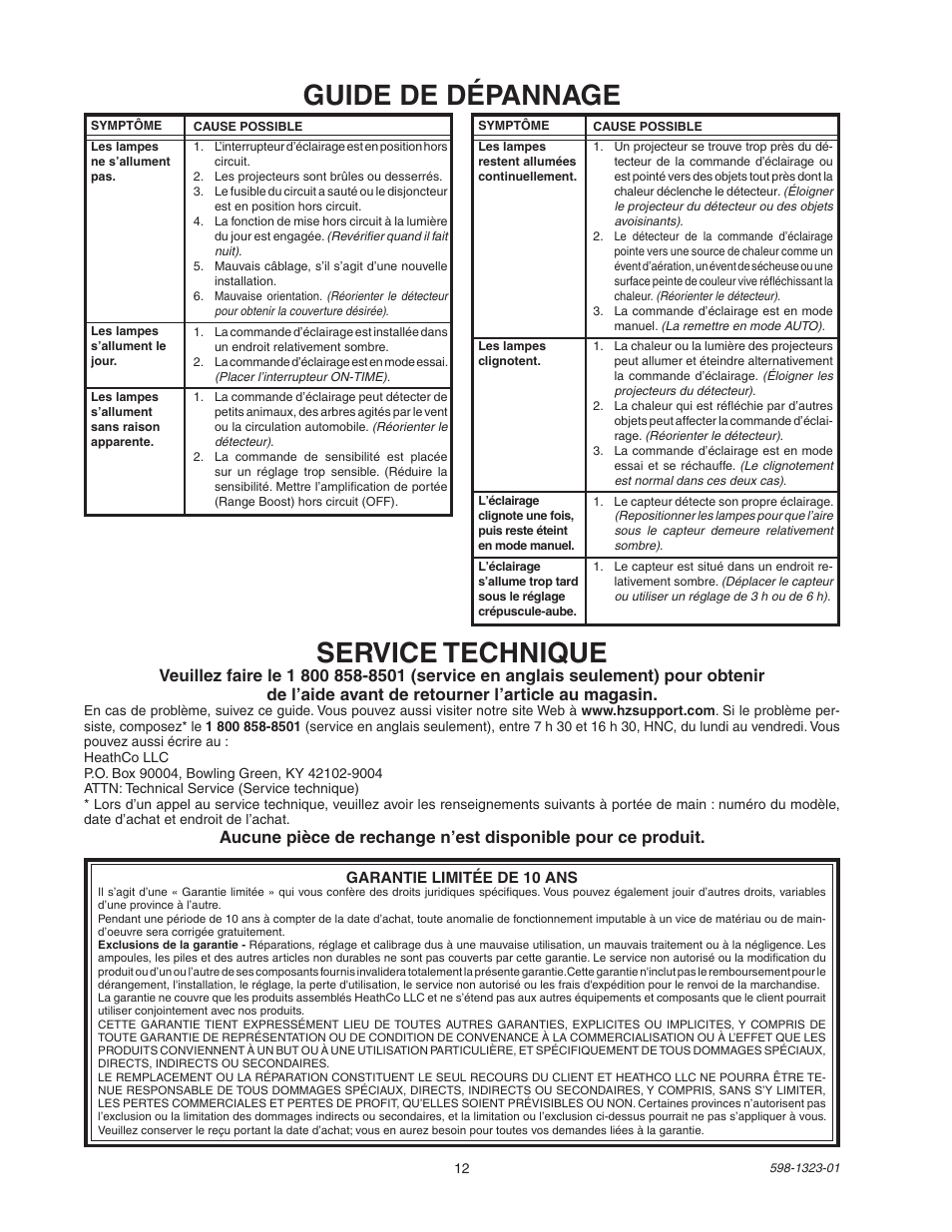 Guide de dépannage service technique | Heath Zenith Professional Motion Sensor Quartz Security Light 5310 User Manual | Page 12 / 12