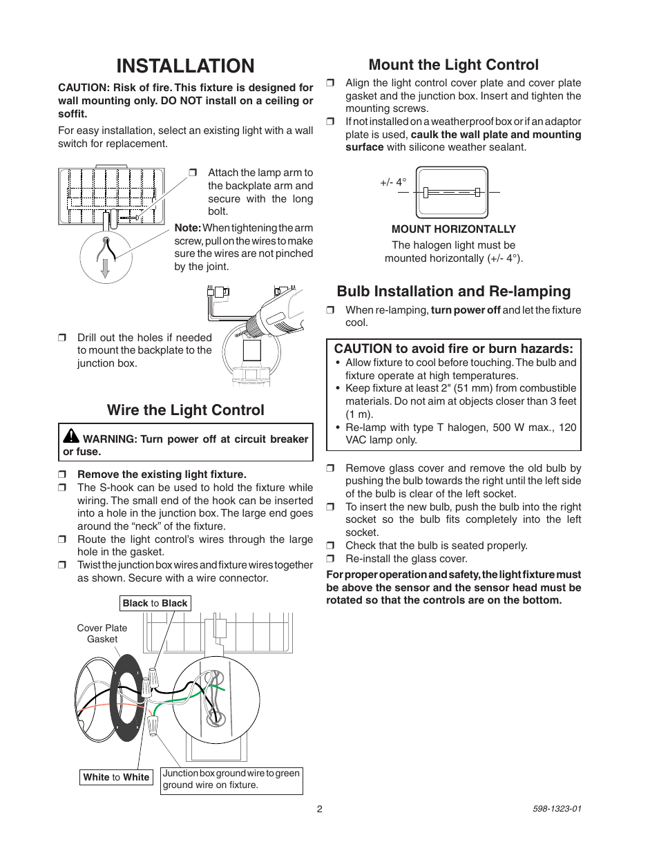 Installation, Mount the light control, Bulb installation and re-lamping | Wire the light control | Heath Zenith Professional Motion Sensor Quartz Security Light 5310 User Manual | Page 2 / 12