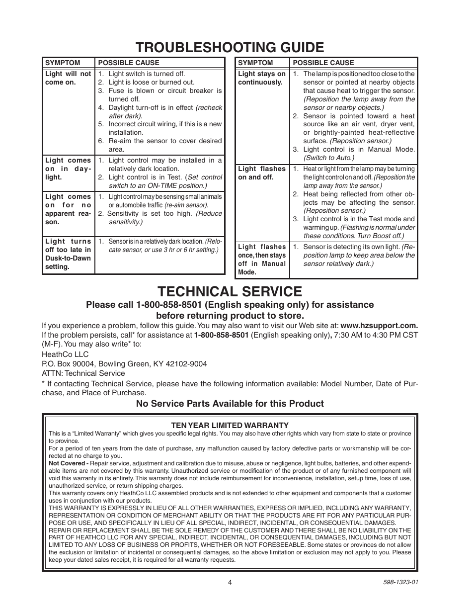 Troubleshooting guide technical service | Heath Zenith Professional Motion Sensor Quartz Security Light 5310 User Manual | Page 4 / 12