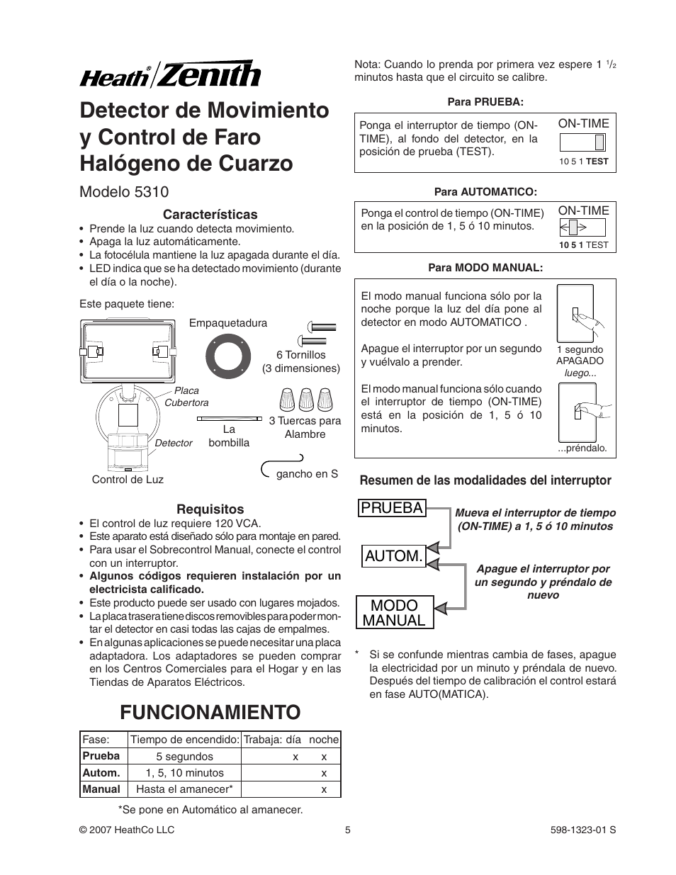 Funcionamiento, Modelo 5310, Prueba autom. modo manual | Heath Zenith Professional Motion Sensor Quartz Security Light 5310 User Manual | Page 5 / 12