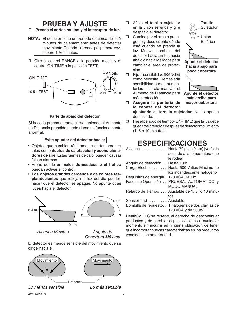 Especificaciones, Prueba y ajuste | Heath Zenith Professional Motion Sensor Quartz Security Light 5310 User Manual | Page 7 / 12