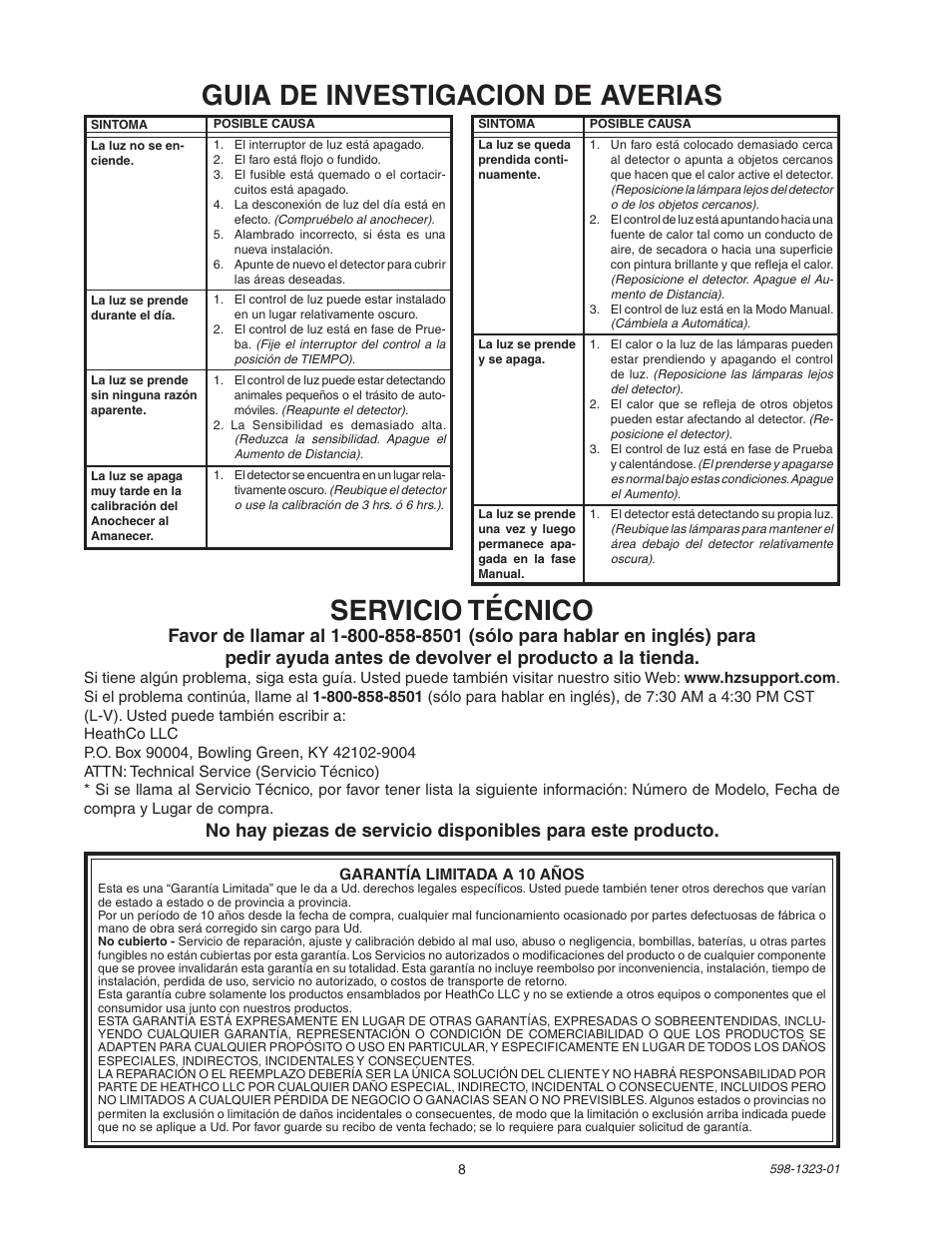 Guia de investigacion de averias servicio técnico | Heath Zenith Professional Motion Sensor Quartz Security Light 5310 User Manual | Page 8 / 12