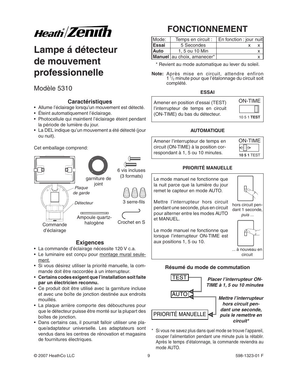 Lampe á détecteur de mouvement professionnelle, Fonctionnement, Modèle 5310 | Heath Zenith Professional Motion Sensor Quartz Security Light 5310 User Manual | Page 9 / 12