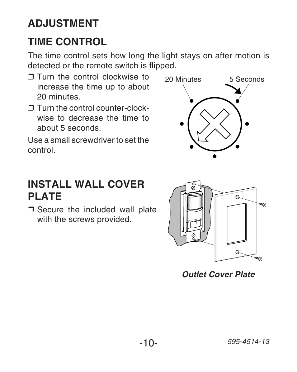 Time control, Adjustment, Install wall cover plate | Heath Zenith SL-6107 User Manual | Page 10 / 30