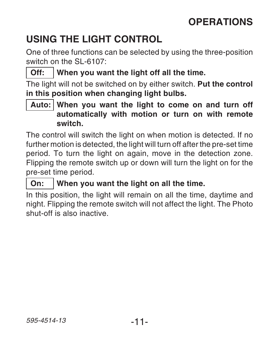 Using the light control, Operations | Heath Zenith SL-6107 User Manual | Page 11 / 30