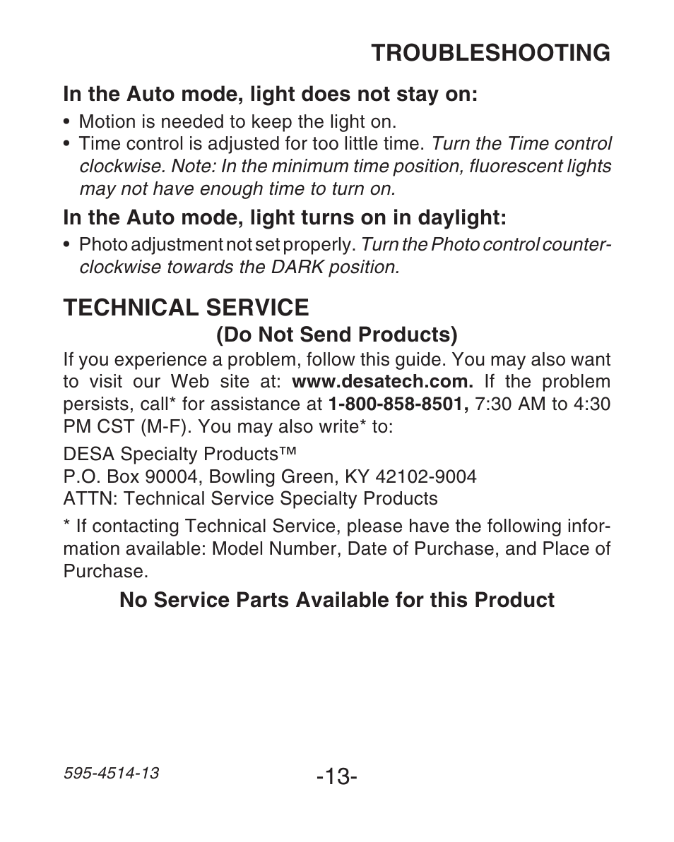 Troubleshooting technical service | Heath Zenith SL-6107 User Manual | Page 13 / 30