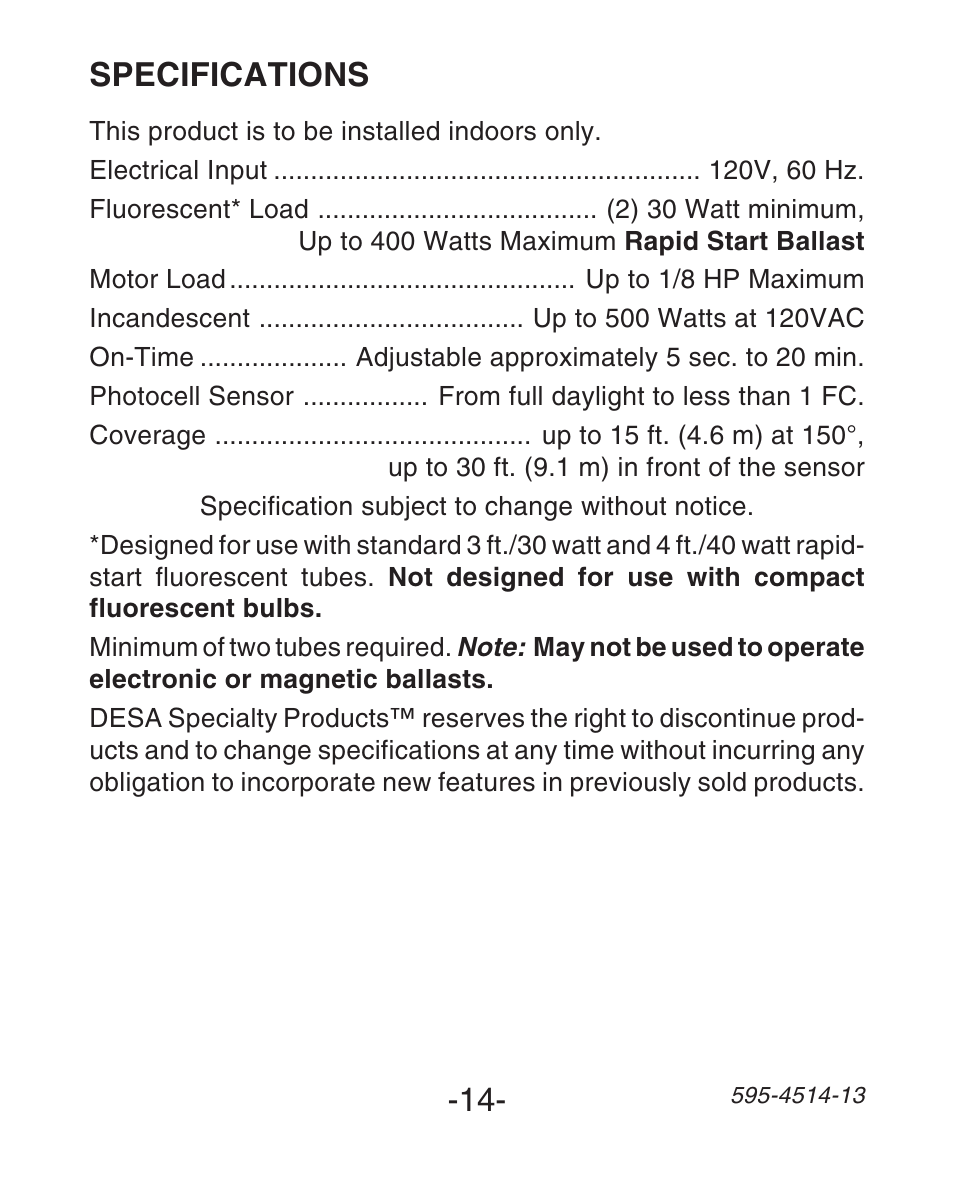 Specifications | Heath Zenith SL-6107 User Manual | Page 14 / 30