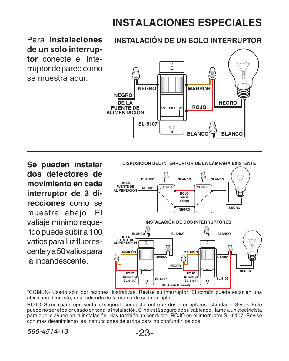 Instalaciones especiales, Instalación de un solo interruptor | Heath Zenith SL-6107 User Manual | Page 23 / 30