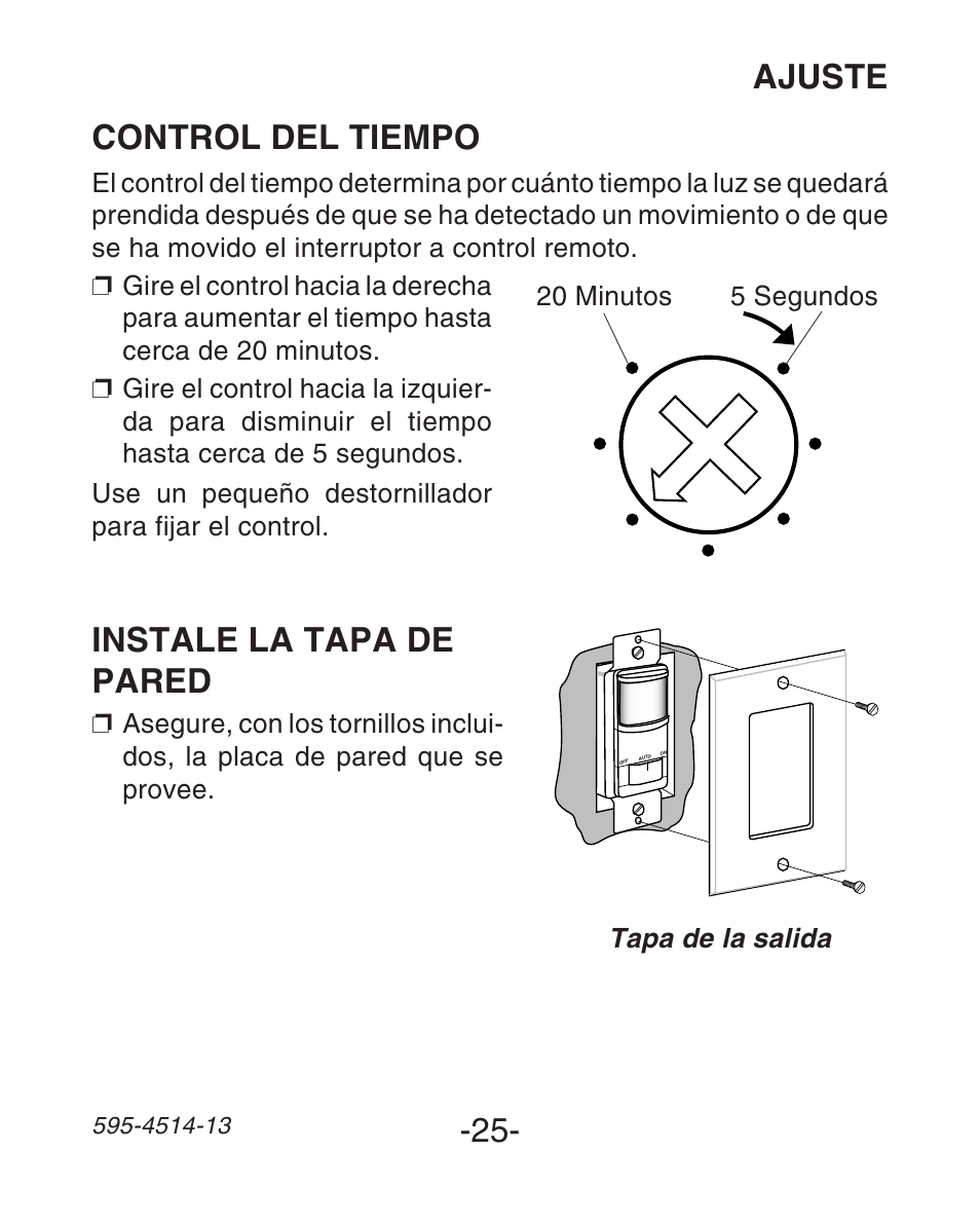 Control del tiempo, Ajuste instale la tapa de pared | Heath Zenith SL-6107 User Manual | Page 25 / 30