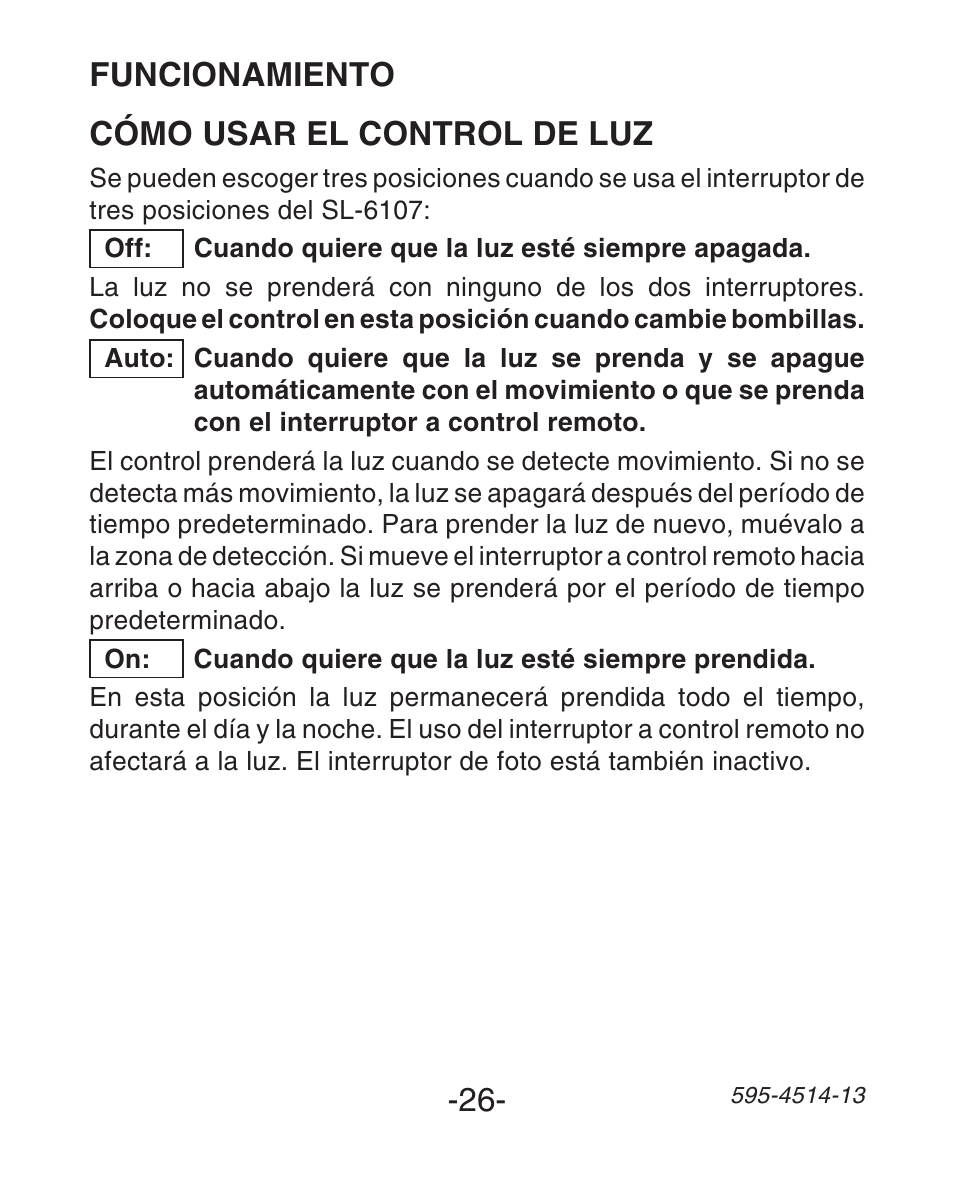 Funcionamiento cómo usar el control de luz | Heath Zenith SL-6107 User Manual | Page 26 / 30