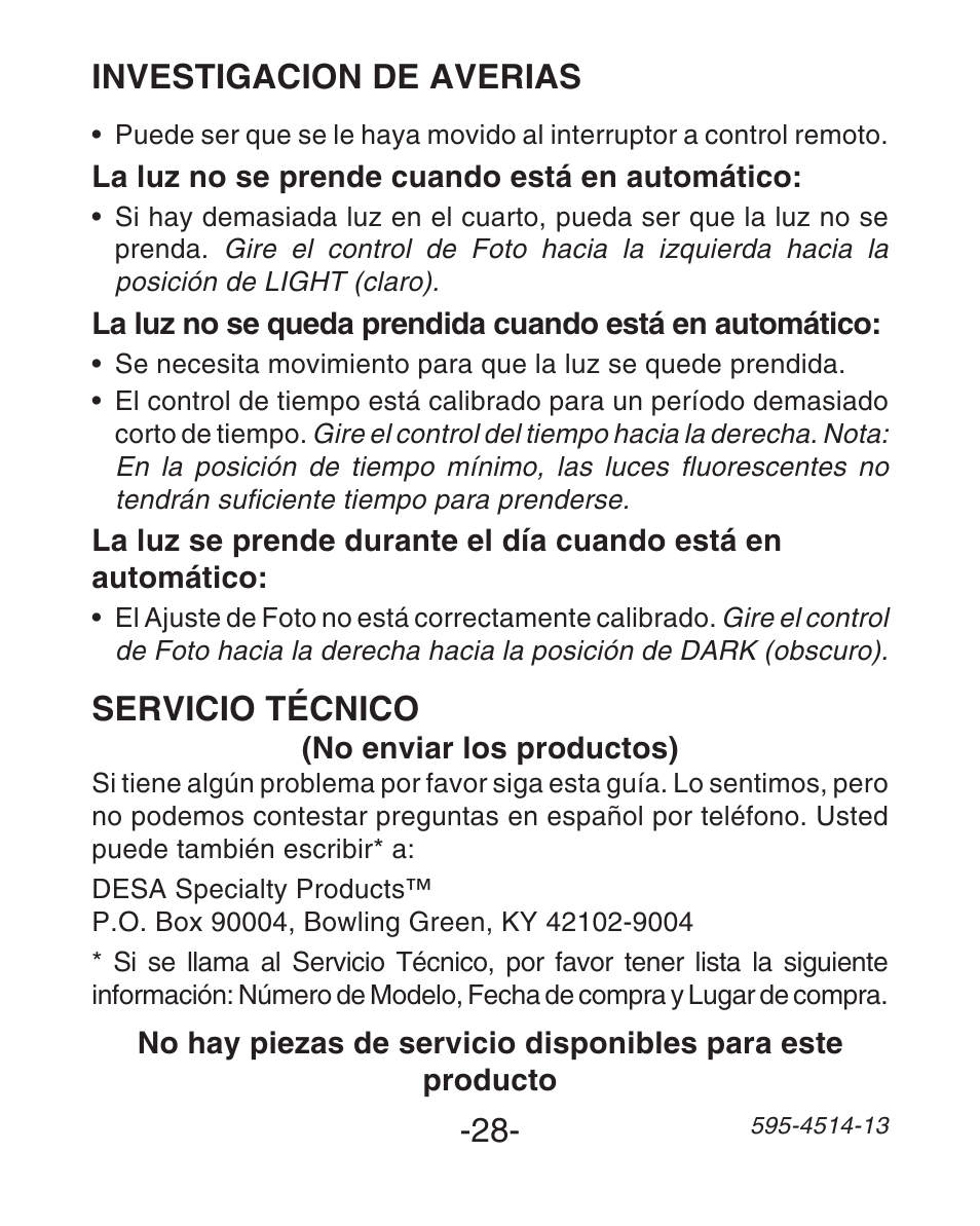 Investigacion de averias, Servicio técnico | Heath Zenith SL-6107 User Manual | Page 28 / 30