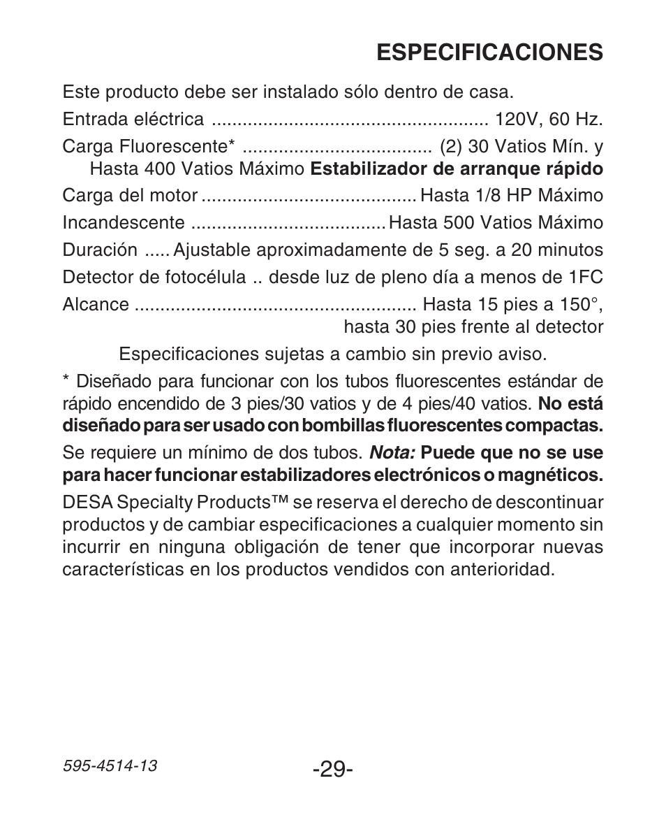 Especificaciones | Heath Zenith SL-6107 User Manual | Page 29 / 30