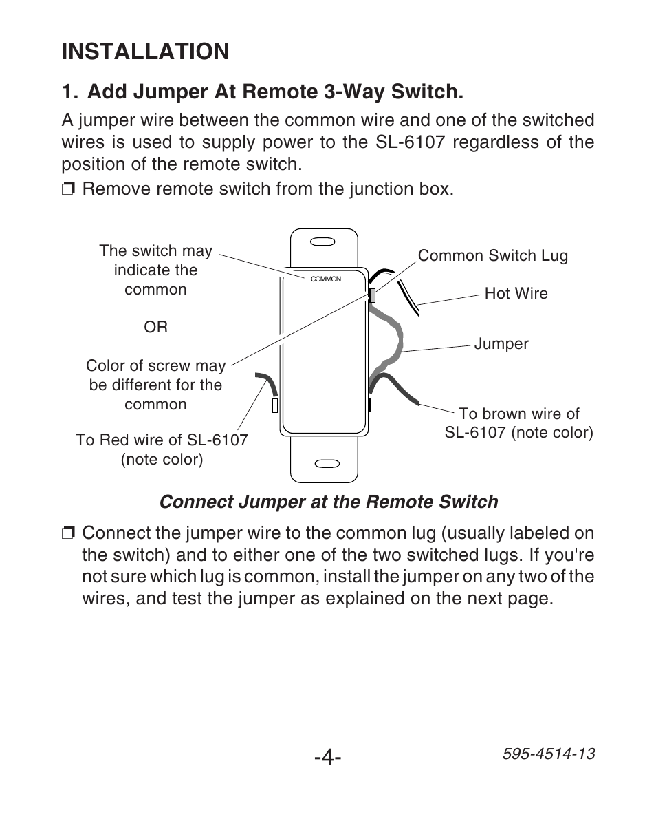 Installation, Add jumper at remote 3-way switch | Heath Zenith SL-6107 User Manual | Page 4 / 30