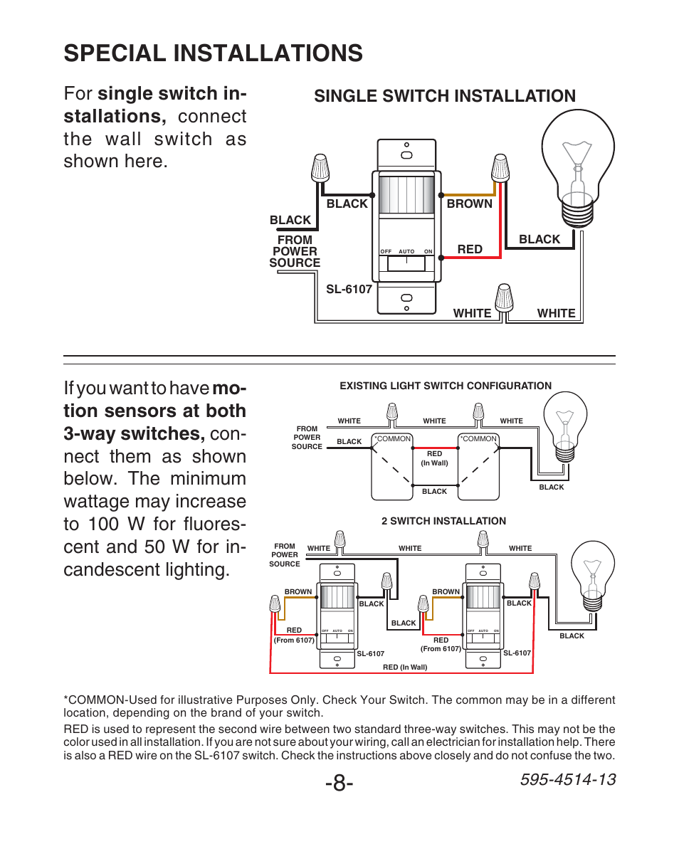 Special installations, Single switch installation | Heath Zenith SL-6107 User Manual | Page 8 / 30