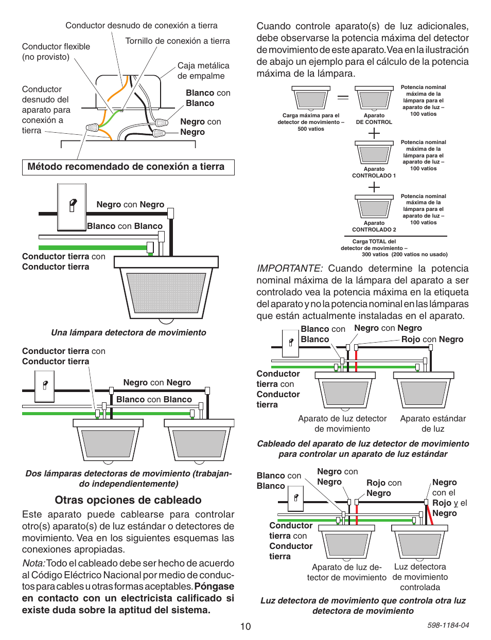 Otras opciones de cableado, Método recomendado de conexión a tierra | Heath Zenith SL-4305 User Manual | Page 10 / 24