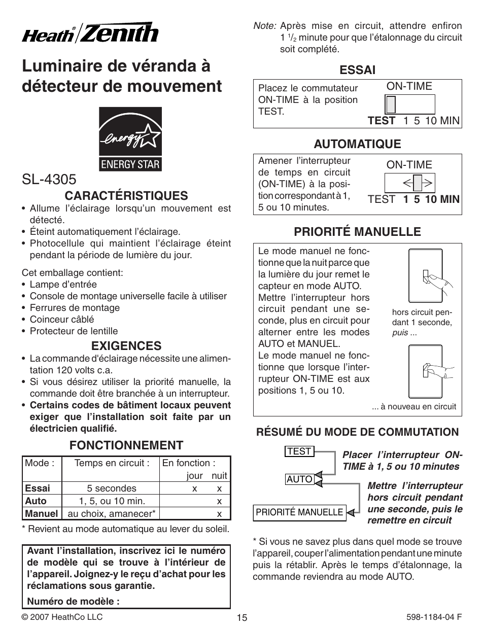 Luminaire de véranda à détecteur de mouvement, Sl-4305, Caractéristiques | Exigences, Fonctionnement, Essai, Automatique, Priorité manuelle | Heath Zenith SL-4305 User Manual | Page 15 / 24