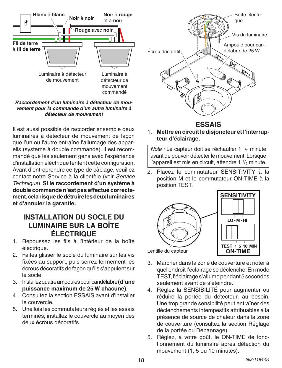 Essais, Sensitivity, On-time | Heath Zenith SL-4305 User Manual | Page 18 / 24