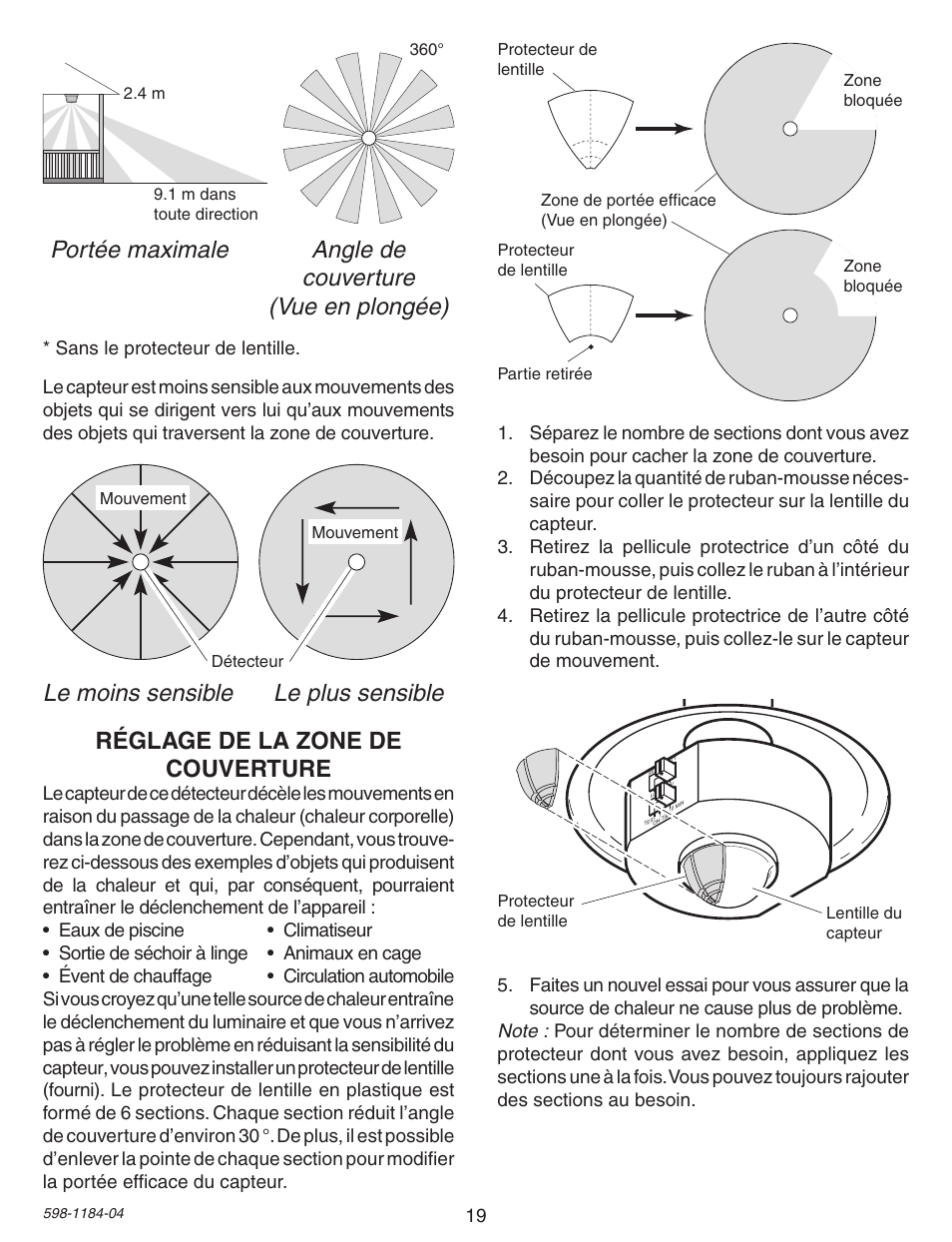 Le moins sensible le plus sensible, Réglage de la zone de couverture | Heath Zenith SL-4305 User Manual | Page 19 / 24