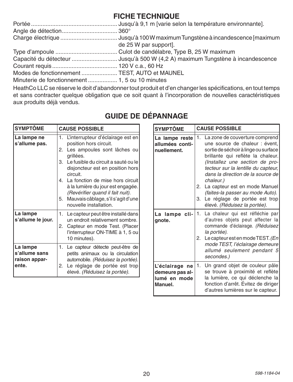 Fiche technique, Guide de dépannage | Heath Zenith SL-4305 User Manual | Page 20 / 24