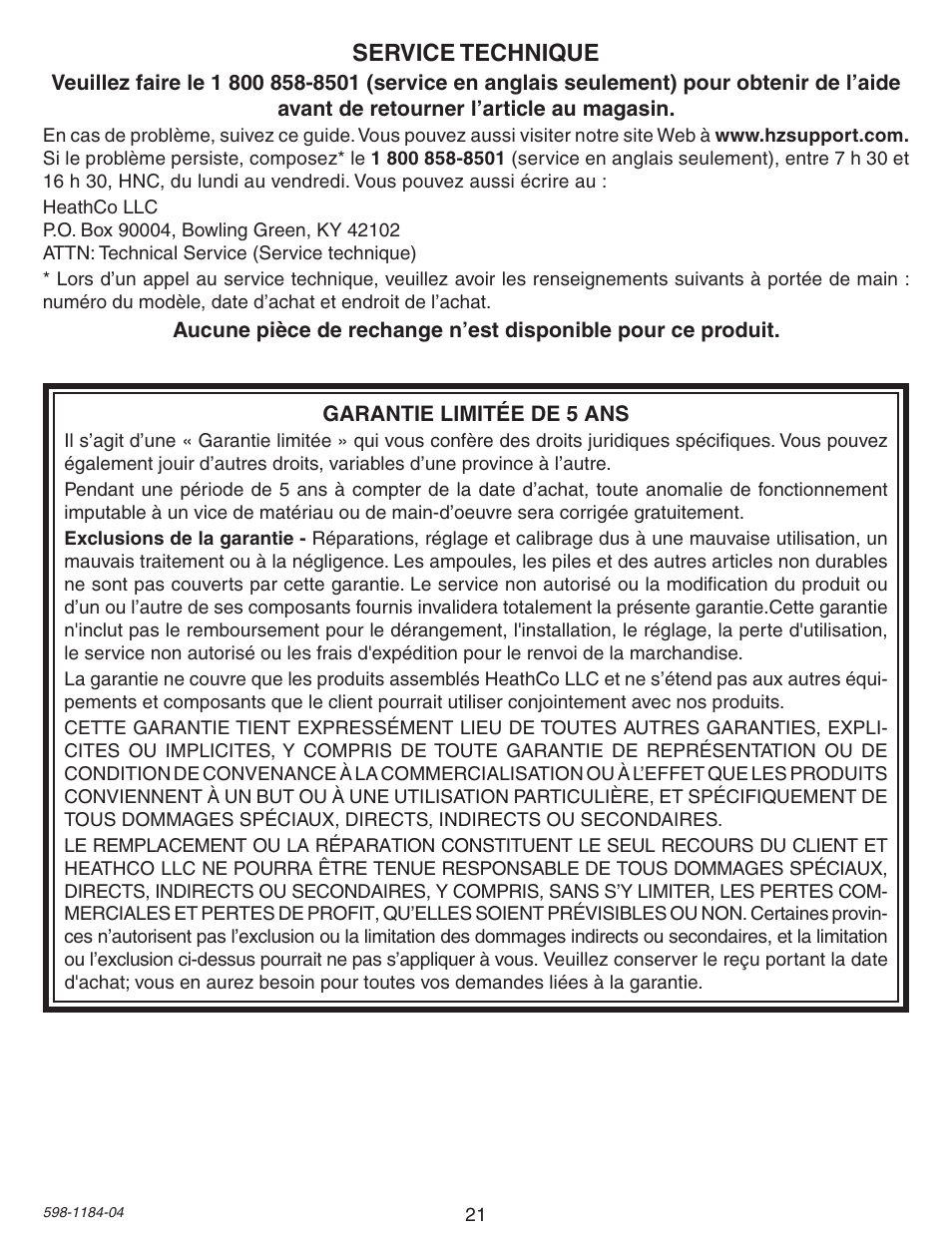 Service technique | Heath Zenith SL-4305 User Manual | Page 21 / 24