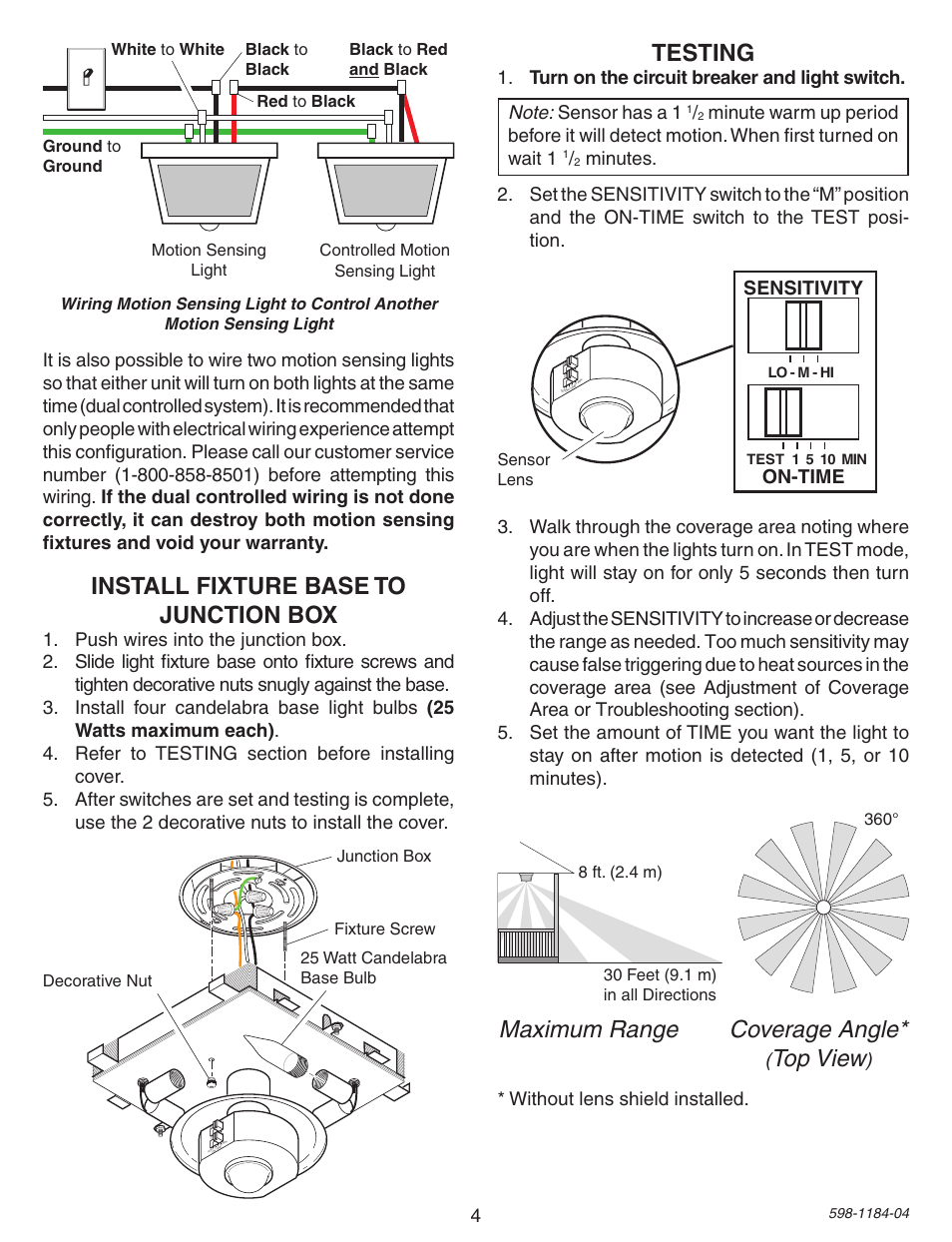 Testing, Install fixture base to junction box, Maximum range coverage angle | Top view, Sensitivity, On-time, Without lens shield installed | Heath Zenith SL-4305 User Manual | Page 4 / 24