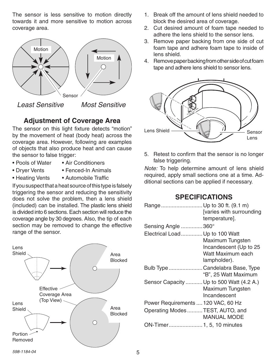Least sensitive most sensitive, Specifications, Adjustment of coverage area | Heath Zenith SL-4305 User Manual | Page 5 / 24