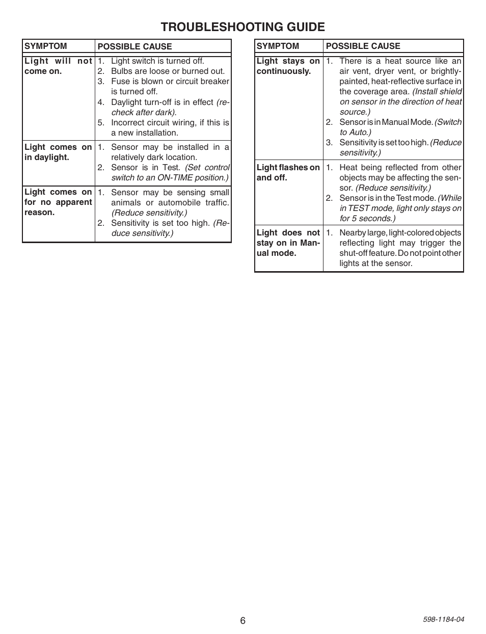 Troubleshooting guide | Heath Zenith SL-4305 User Manual | Page 6 / 24